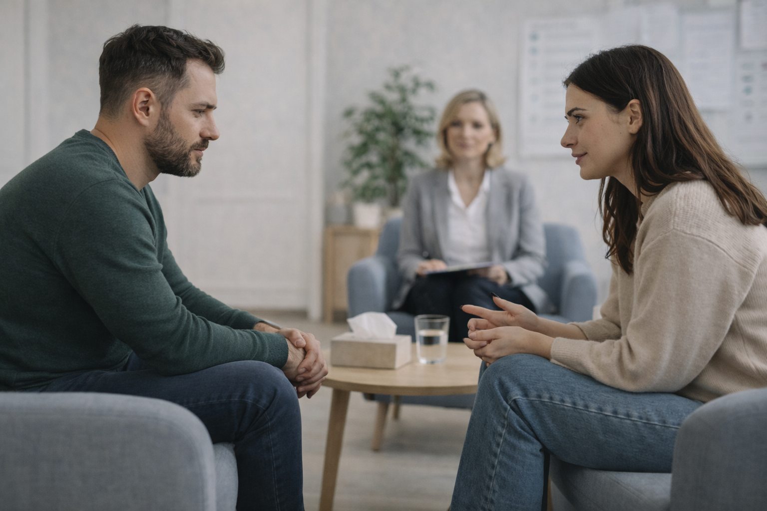 Illustration of two people having a calm conversation in a comfortable setting, with a mediator present